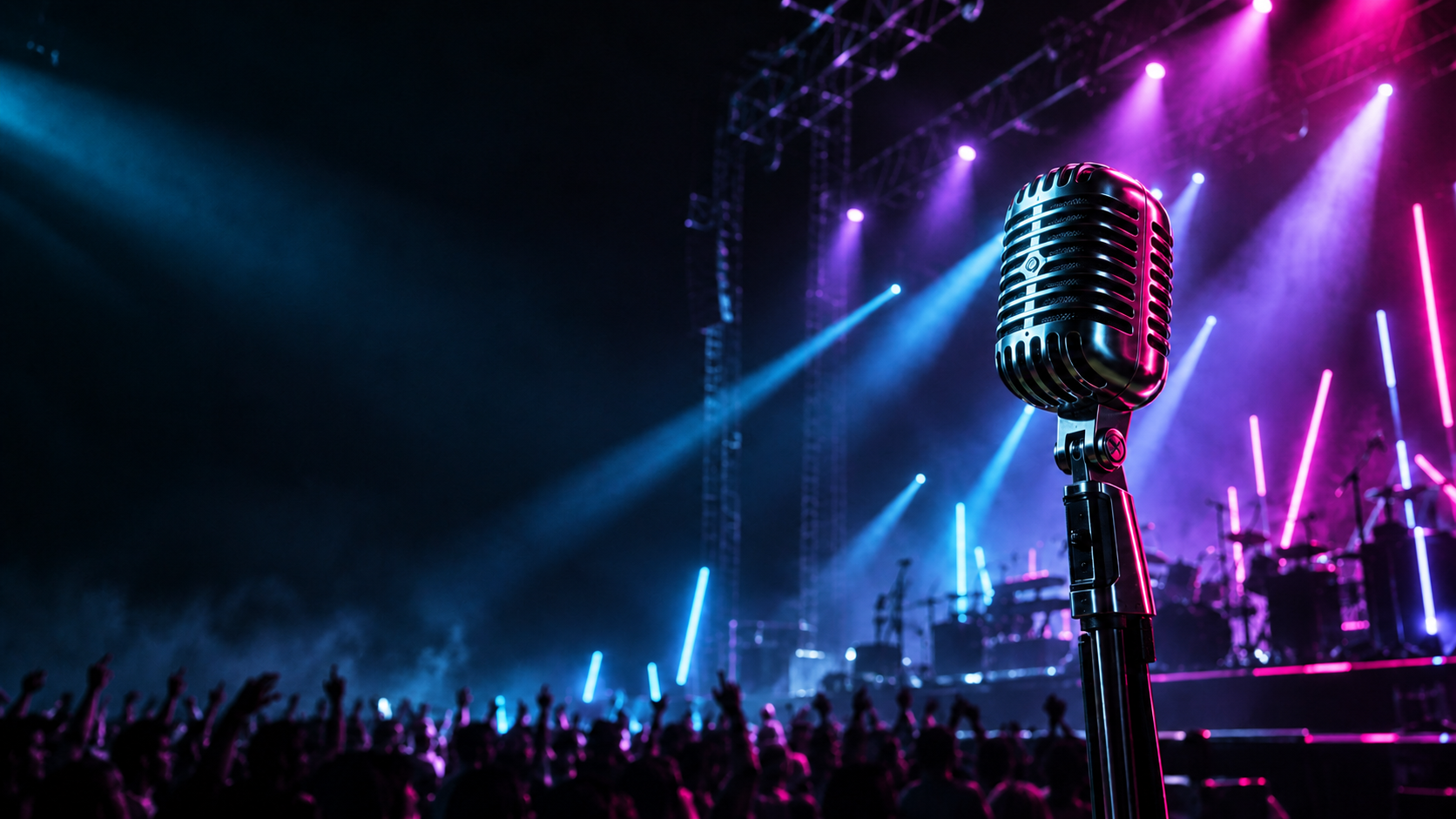Palco da concerto con microfono, pronto per un video karaoke